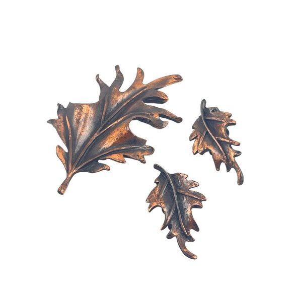 Vintage Copper Tone Leaf Brooch & Clip-On Earrings Set - Picture 5 of 6